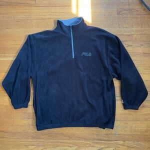 Y2K Vintage FILA Mens XL Fleece Pullover Quarter Zip Sweatshirt Black Gray